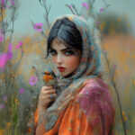 نقاشی دختر ایرانی با شال فیروزه ای