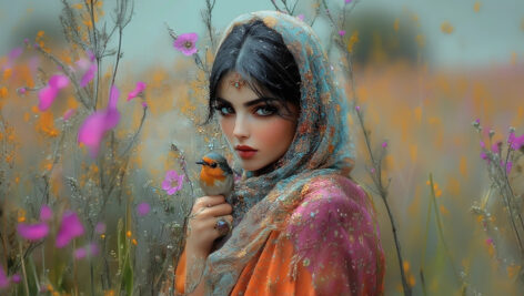 نقاشی دختر ایرانی با شال فیروزه ای