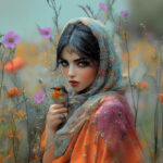 نقاشی دختر ایرانی با شال فیروزه ای