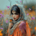 نقاشی دختر ایرانی با شال فیروزه ای