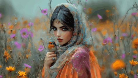 نقاشی دختر ایرانی با شال فیروزه ای