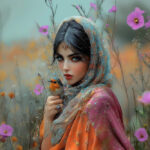 نقاشی دختر ایرانی با شال فیروزه ای