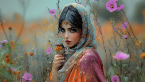 نقاشی دختر ایرانی با شال فیروزه ای